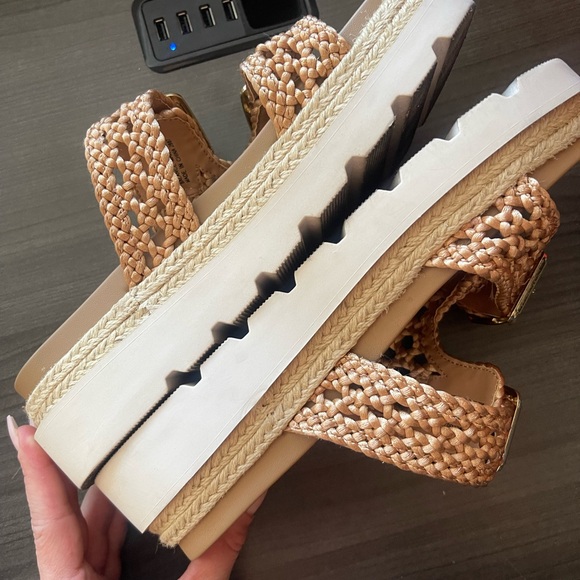 Madden Girl Tan Braided Double-Buckle Platform Sandals with Gold Buckles - Picture 3 of 4